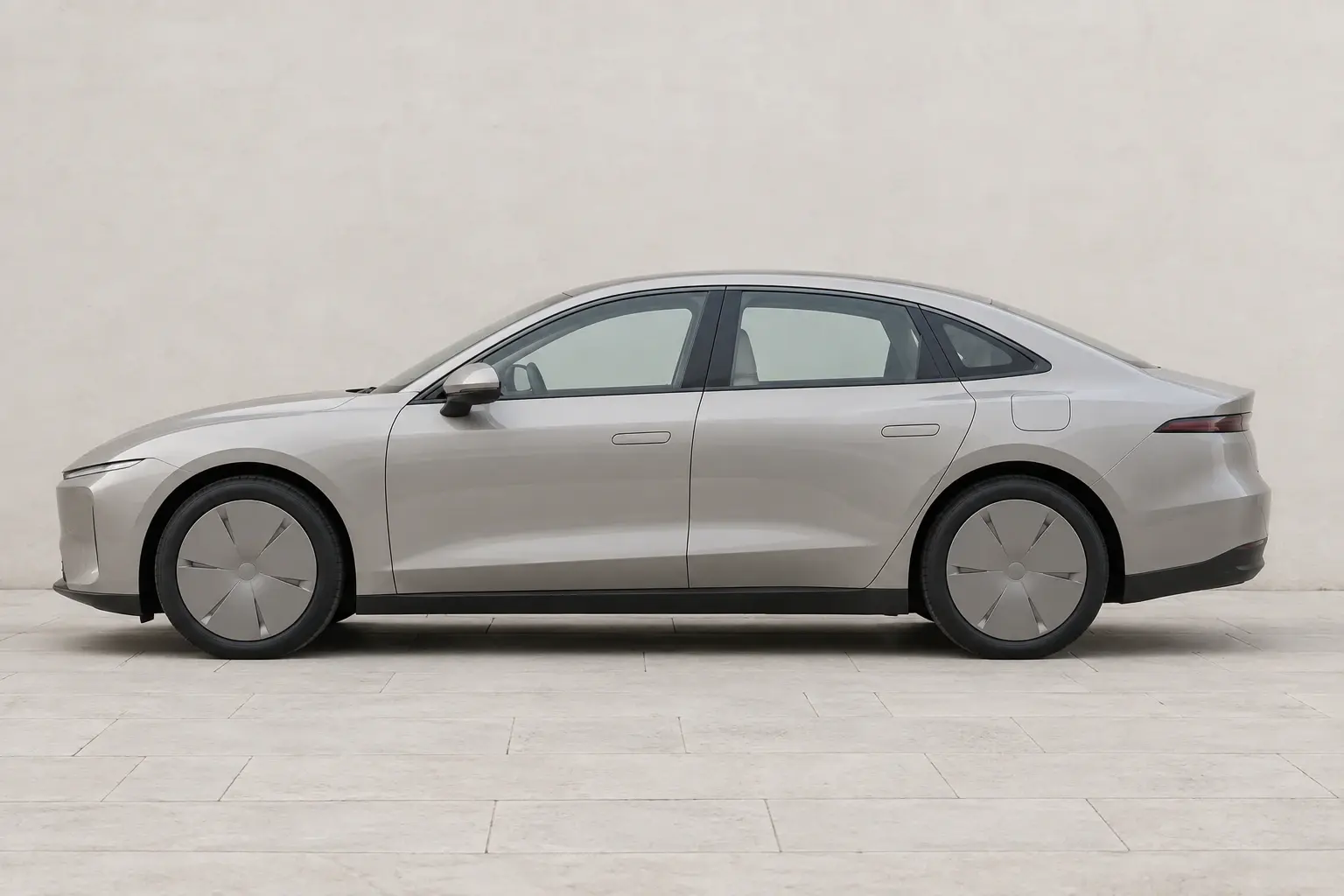 Illustration: a pale grey car seen from the side in front of a plain wall.