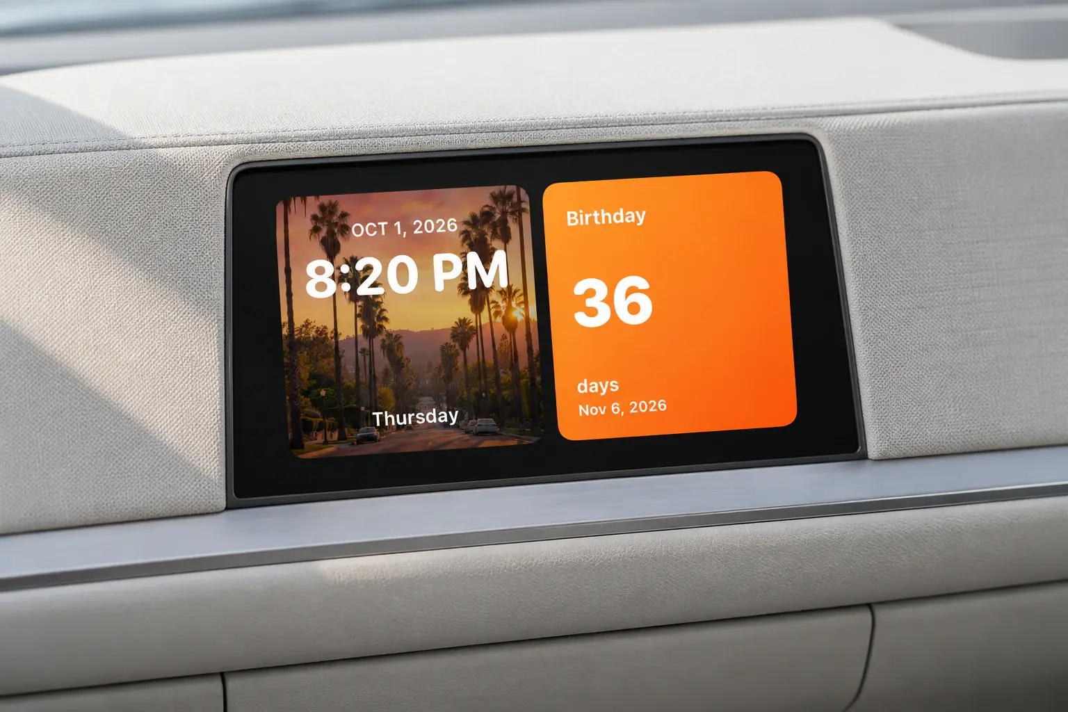 Illustration: a car's centre display on a pale dashboard, showing a clock and a countdown widget from Car Play Widgets.