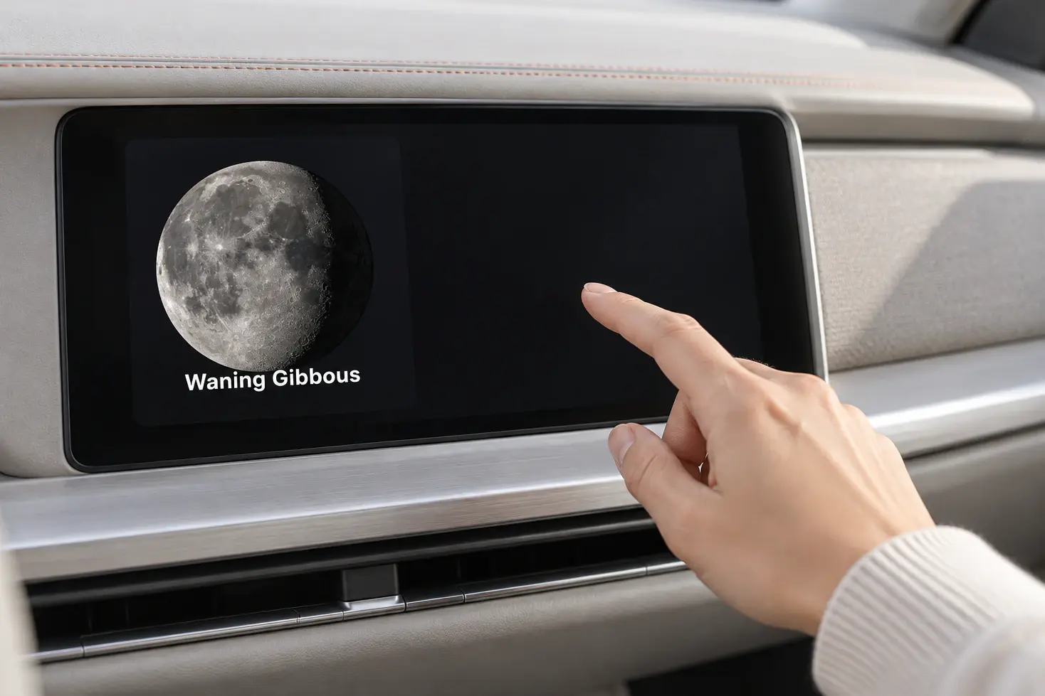 Illustration: a hand reaching toward a car's centre display, which shows a moon phase widget from Car Play Widgets.