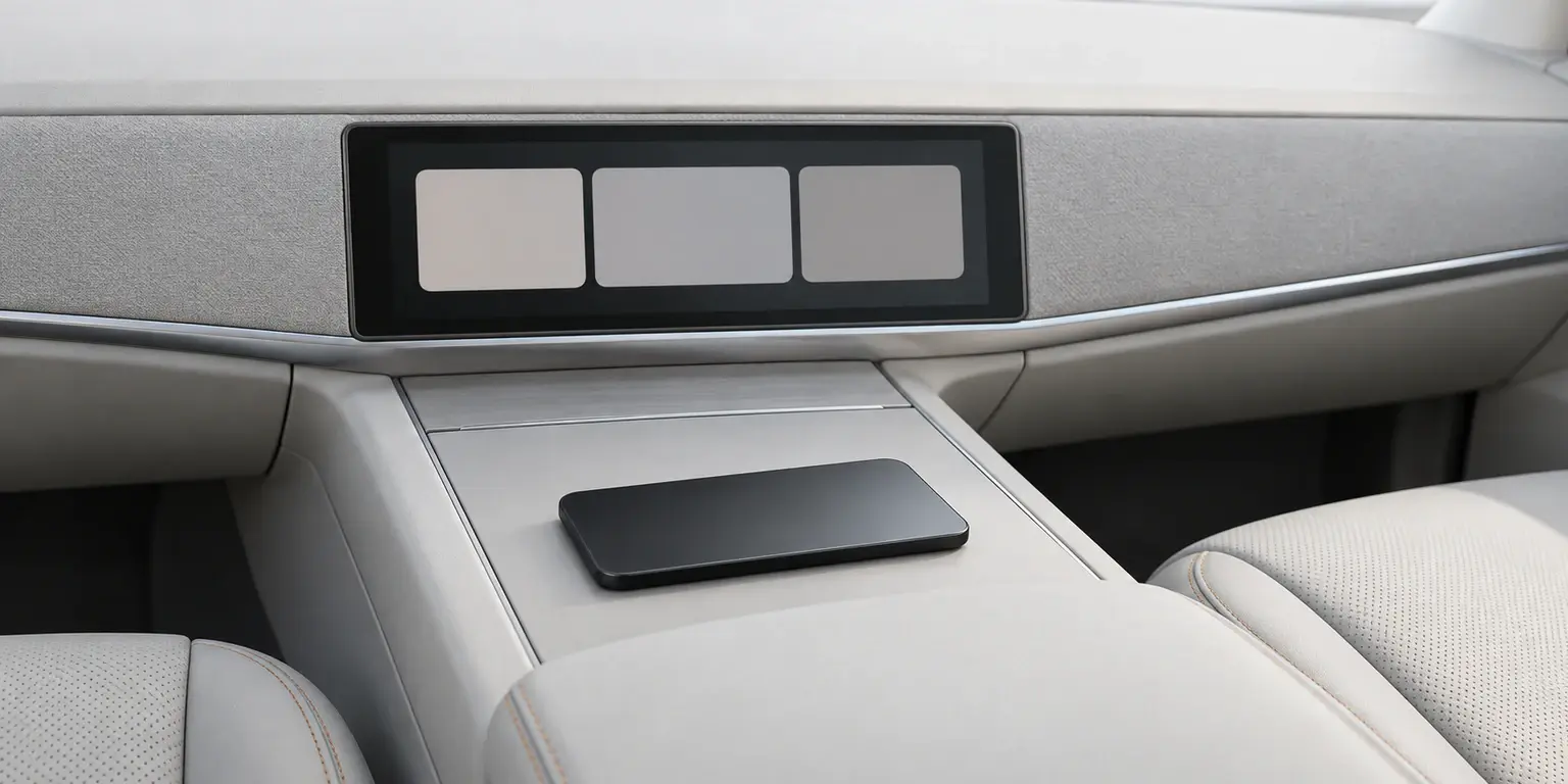 Illustration: a plain phone lying on a car's centre console in front of the display. The display shows three blank cards.