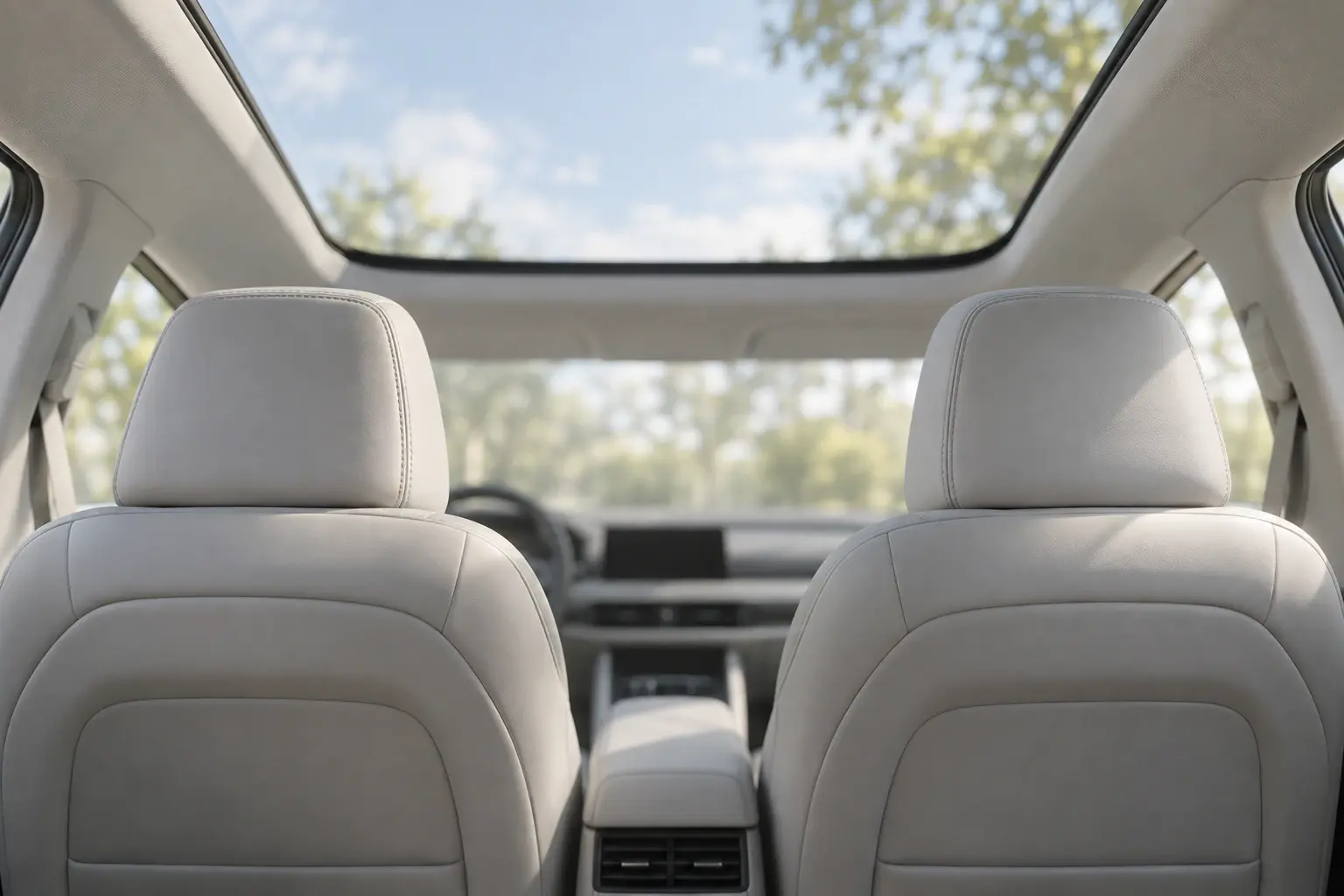 Illustration: daylight through a glass roof falling on two car seats, seen from the back seat.